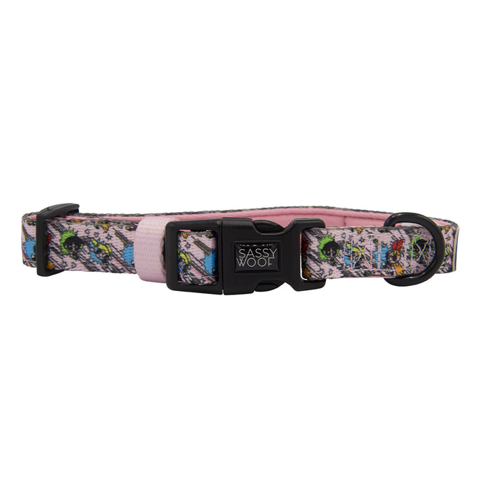 The Sassy Woof Dog Collar - The Powerpuff Girls™ (Pink) is a colorful, patterned adjustable collar with neoprene comfort, pink inner lining, black plastic buckle and D-ring, plus the Sassy Woof logo on the buckle.