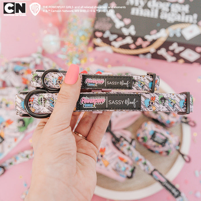 A hand holds two Sassy Woof Dog Collar - The Powerpuff Girls™ (Pink), featuring The Powerpuff Girls and Sassy Woof logos. More adjustable collars and pet accessories appear in the vibrant, blurred pink background.