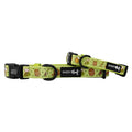 Two green neoprene Sassy Woof "Wurst Behavior" dog collars with black buckles and playful picnic-themed patterns are shown side by side on a white background.