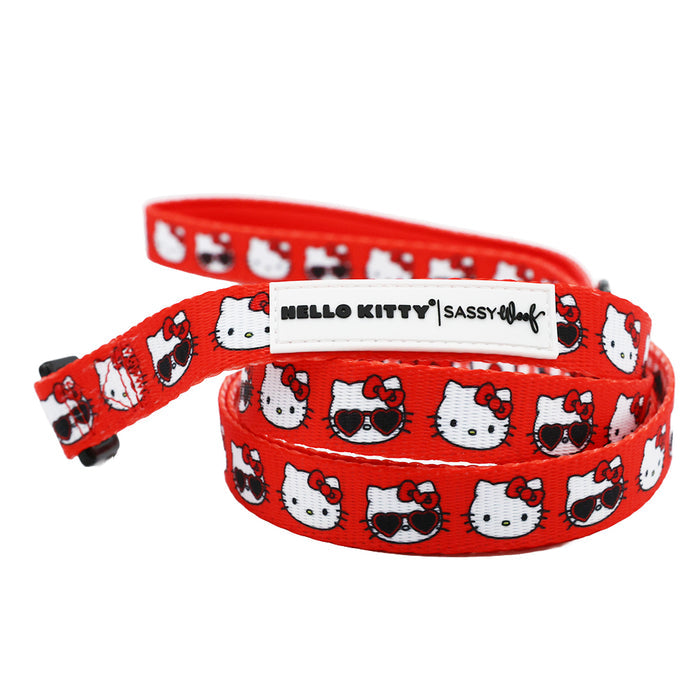 Add some details from the product data, as requested: This adorable red dog collar three-piece bundle from Sassy Woof features a repeating pattern of Hello Kitty faces—some sporting sunglasses and bows. A white label with HELLO KITTY | SASSY WOOF is printed on the collar, making this charming accessory set a must-have for any fan of the Sanrio Valentine collection.