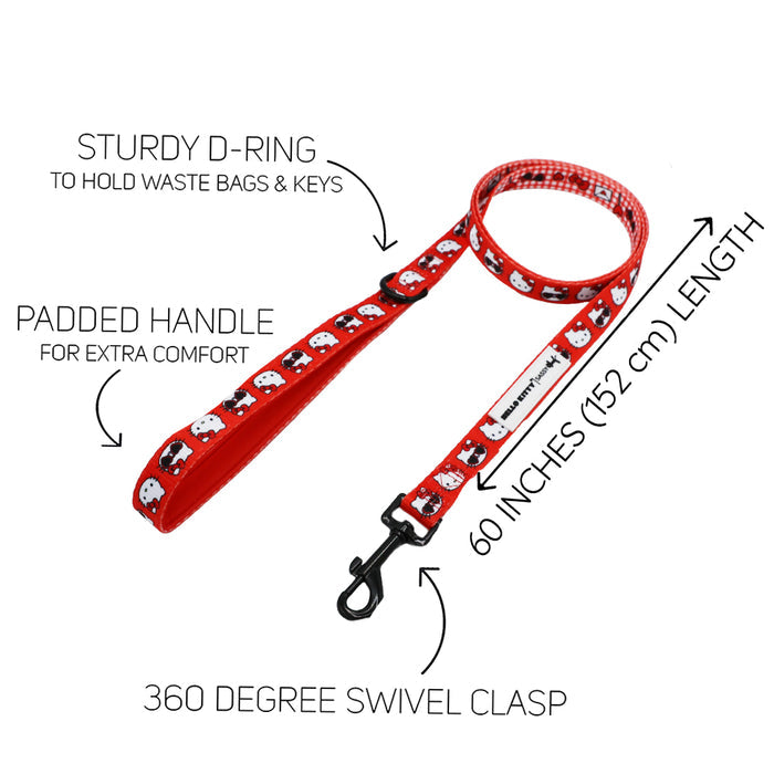 Sassy Woof Dog Collar Three Piece Bundle - Hello Kitty® Red Classic, featuring a red design with white dog patterns from the Valentine collection, includes a sturdy D-ring, padded handle, 60-inch (152 cm) length leash, and a 360-degree swivel clasp—all displayed on a white background.