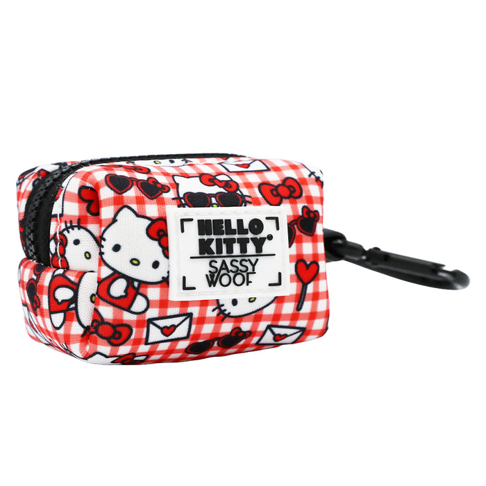 A red and white checkered Sassy Woof Dog Collar Three Piece Bundle – Hello Kitty® Red Classic, featuring Sanrio’s iconic Hello Kitty faces, bows, and hearts—perfect for fans of the Valentine collection.