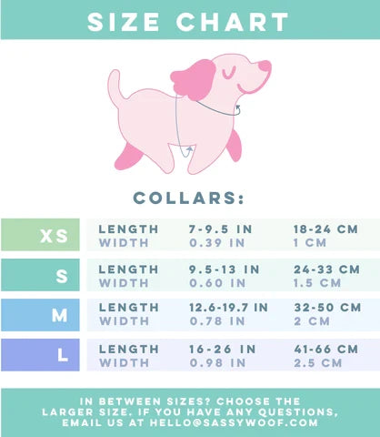 A size chart for the Sassy Woof Dog Collar Three Piece Bundle - Peanuts™ Beagle Bells, featuring an illustration of a pink dog—ideal for anyone looking for festive holiday dog accessories like this Snoopy-themed set. The chart lists four collar sizes (XS, S, M, L) with corresponding length and width measurements in both inches and centimeters, along with contact information for any questions.