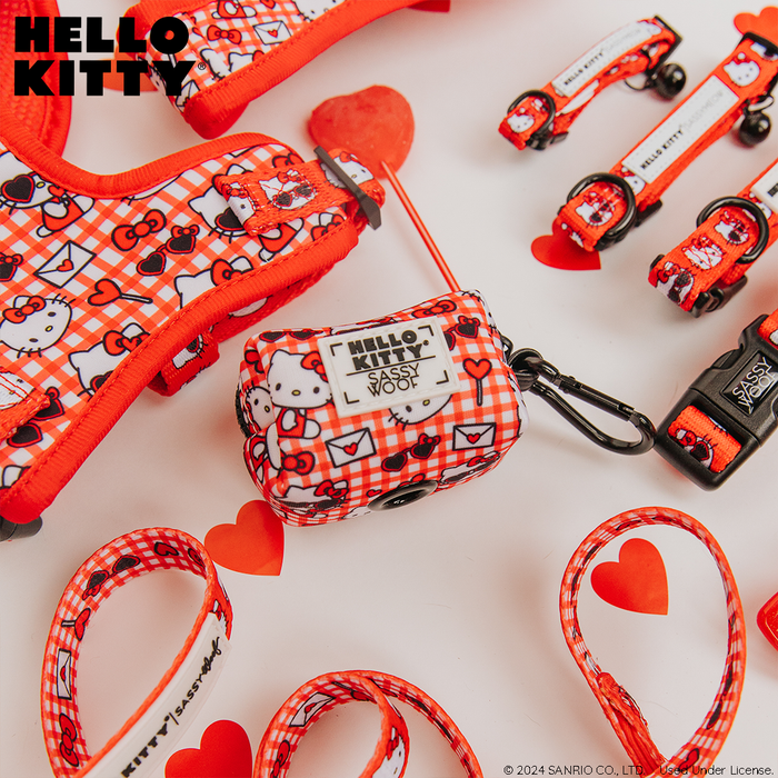 A delightful Dog Collar Three Piece Bundle from Sassy Woof’s Hello Kitty® Red Classic collection—featuring a collar, leash, and waste bag holder adorned with heart and Hello Kitty® patterns—is arranged on a white surface with red heart decorations, making a charming tribute to the beloved Sanrio character.