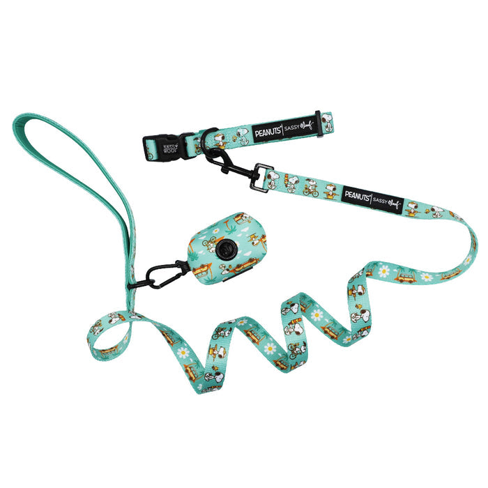 A vibrant turquoise dog collar three-piece bundle from Sassy Woof’s Peanuts™ Road Tripping collection, featuring Snoopy and Woodstock with charming white daisies, displayed on a white background—the perfect adventure accessories for stylish pups on the go.