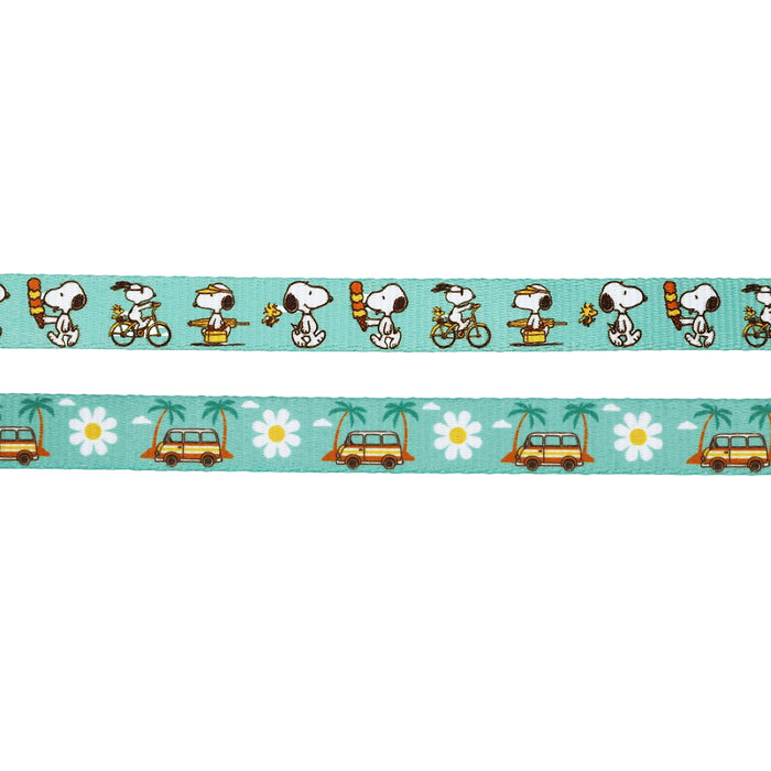 Add a playful touch to your pup’s style with the Dog Collar Three Piece Bundle - Peanuts™ Road Tripping by Sassy Woof. This set includes two strips of decorative ribbon: the top features Snoopy riding a bike and skateboarding, while the bottom showcases yellow vans, palm trees, and white flowers on a turquoise background—perfect for crafting adventure-ready gear or customizing your dog’s collar.
