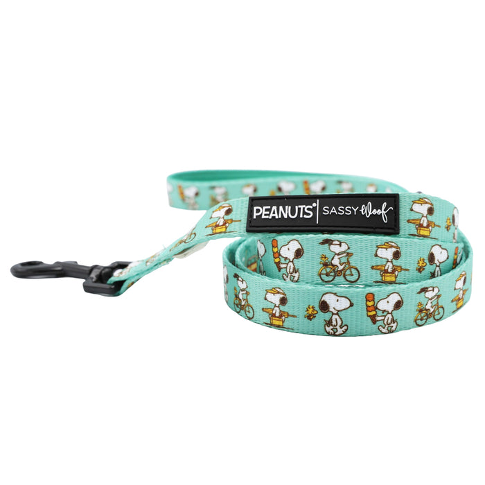 The Dog Four Piece Bundle - Peanuts™ Road Tripping by Sassy Woof features a teal leash with a Snoopy bicycle and ice cream print, black metal clasp, and “PEANUTS | Sassy Woof” branding for playful dog adventures.