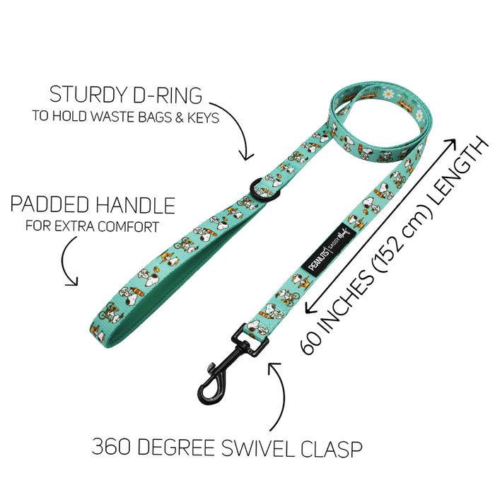 The Sassy Woof Dog Four Piece Bundle - Peanuts™ Road Tripping features a turquoise leash with cartoon dog design, padded handle, sturdy D-ring, 360° swivel clasp, and a 60" length—ideal gear for stylish pups on the go.