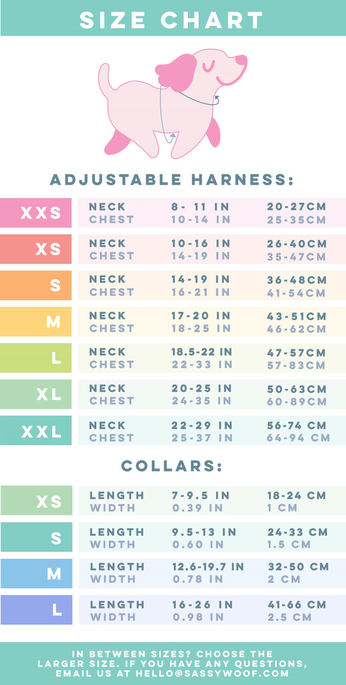 Size chart for Sassy Woof's Dog Four Piece Bundle - Peanuts™ Road Tripping, showing neck and chest sizes in inches and centimeters. A pink dog in matching gear adorns the top, highlighting the collection’s playful, adventurous style.
