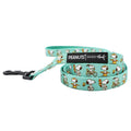 The Sassy Woof Dog Leash - Peanuts™ Road Tripping is a light blue neoprene leash with Snoopy and Woodstock illustrations, plus PEANUTS and Sassy Woof labels near the clasp—ideal gear for adventurous dogs.