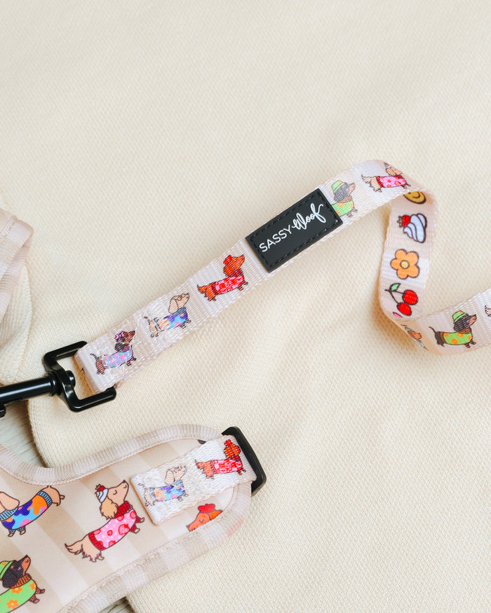 A close-up of the "Dog Leash - Sunbean" by Sassy Woof, showcasing its playful cartoon animal and fruit pattern with a prominent black Sassy Woof label, lies on a light cream fabric background—making it an ideal pick for anyone looking for coordinating dog accessories.