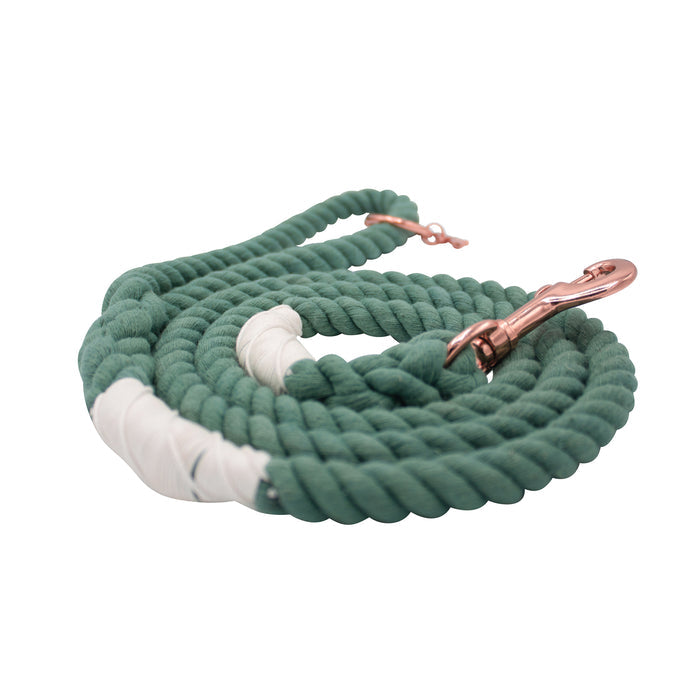 The Sassy Woof Dog Rope Leash – Amazon is a hand-crafted, durable green cotton rope leash with white accents and a rose gold clasp, shown on a white background.