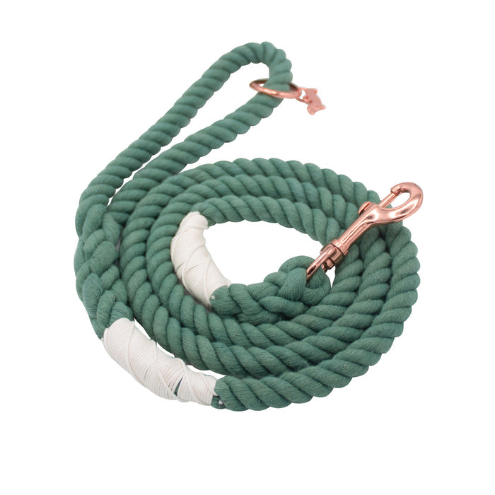 The Sassy Woof Dog Rope Leash - Amazon features a coiled green cotton rope with white tape near the ends and a copper-toned metal clip.