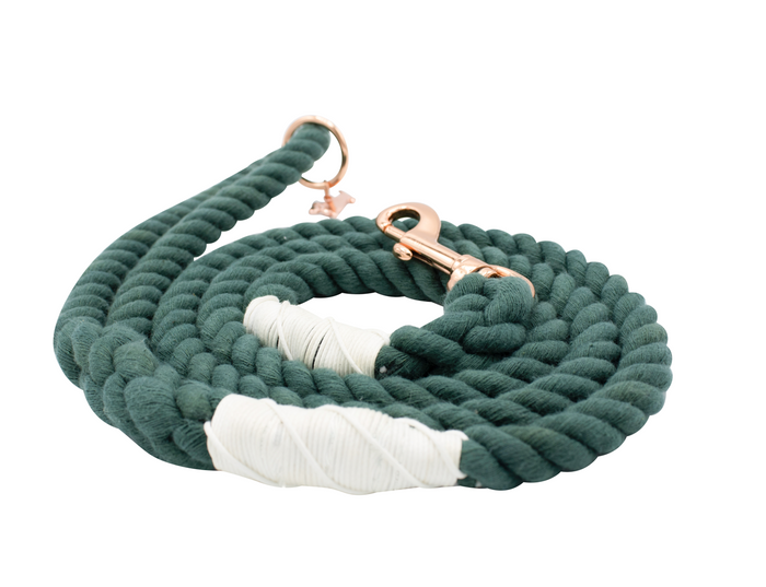 The Sassy Woof Dog Rope Leash - Emerald features a coiled forest green rope, rose gold metal clasp, and white thread at both ends for added strength, shown on a white background.