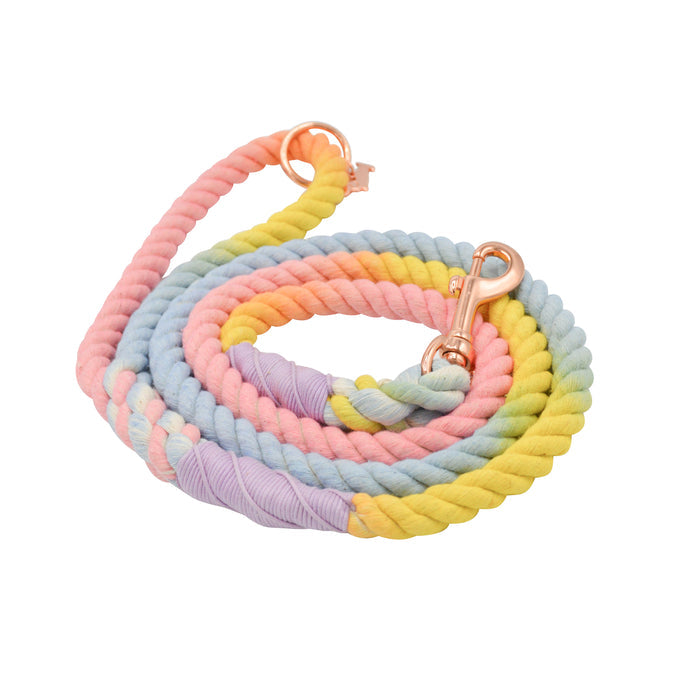 The Sassy Woof Dog Rope Leash - Fiesta is a hand-crafted cotton ombre leash in pastel pink, yellow, blue, green, and purple sections with a sturdy metal clasp.