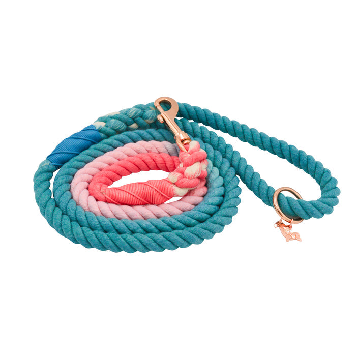 The Sassy Woof Dog Rope Leash - Jack & Jill features a hand-crafted ombre design in teal, pink, and coral with rose gold hardware and a charm ring—a stylish accessory for your furry friend.