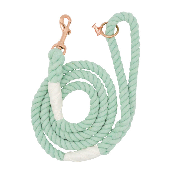 The Sassy Woof Dog Rope Leash - Mint to Be is a mint green cotton leash with white accents, featuring a rose gold metal clasp and matching ring. Durable and stylish, it’s coiled neatly for display against a white background.