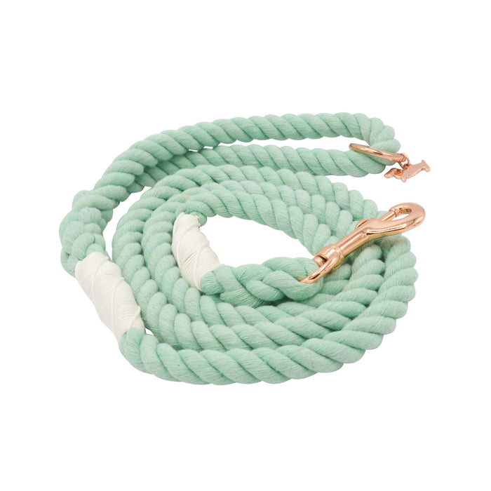 The Sassy Woof Dog Rope Leash - Mint to Be features mint green cotton with white thread accents and a shiny gold clasp, beautifully displayed on a white background.