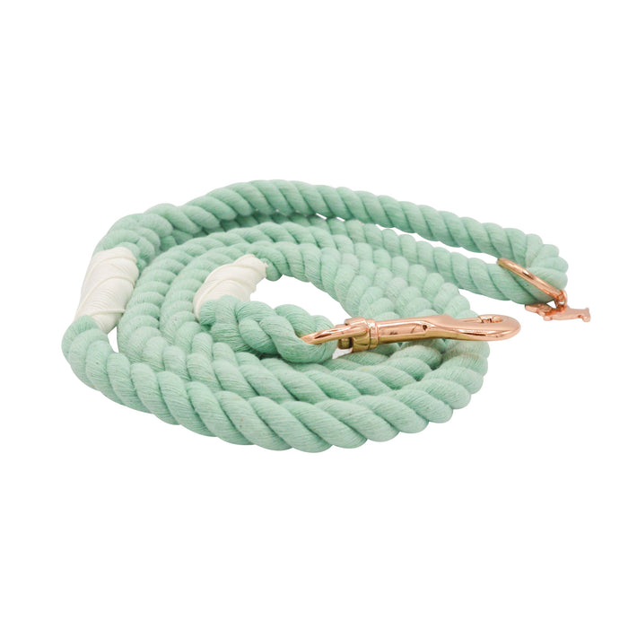 The Sassy Woof Dog Rope Leash - Mint to Be is a mint green cotton leash with a rose gold clasp and a white-wrapped accent near the end.