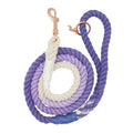 The Sassy Woof Dog Rope Leash - Ombre Purple features a hand-crafted gradient design, transitioning from white to light and dark purple, and is finished with a stylish rose gold clasp.