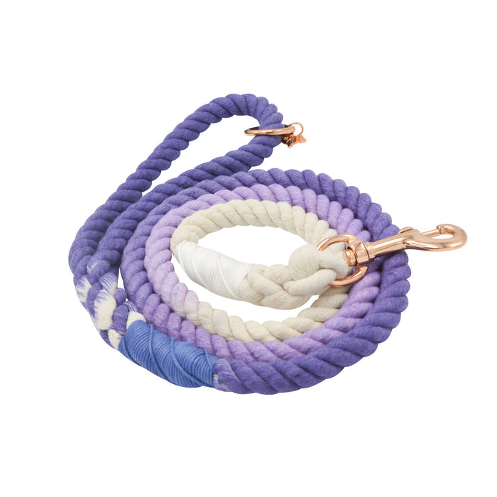 The Sassy Woof Dog Rope Leash - Ombre Purple is a hand-crafted cotton leash with a purple-to-white gradient, rose gold hardware, and colored accent wraps.