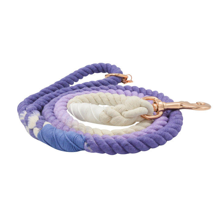 The Sassy Woof Dog Rope Leash - Ombre Purple features a hand-crafted cotton rope in purple, lavender, and cream shades with a rose gold metal clasp.
