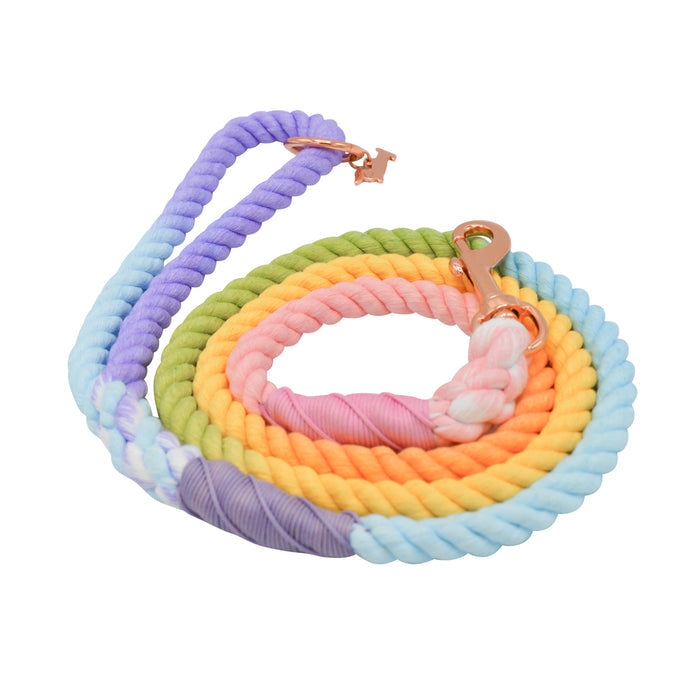 The Sassy Woof Dog Rope Leash - Piñata is a hand-crafted ombre leash in pastel blue, purple, green, yellow, orange, and pink with a gold metal clasp for quick collar attachment.