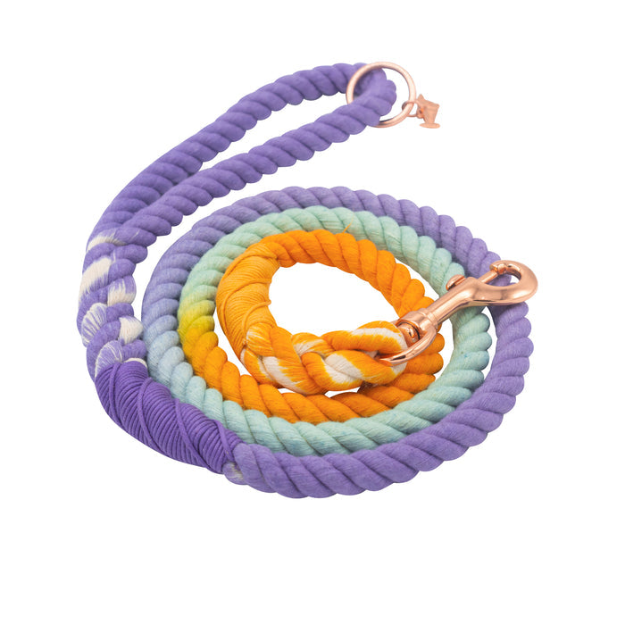 The Sassy Woof Dog Rope Leash - Sunset features hand-crafted ombre cotton rope in purple, yellow, green, and white with rose gold metal clips, shown on a white background.