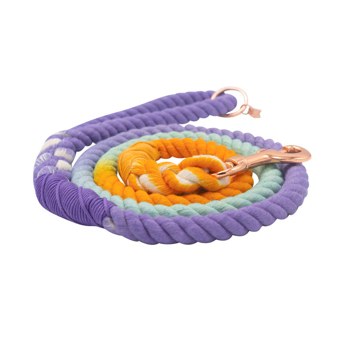 The Sassy Woof Dog Rope Leash - Sunset is a coiled ombre rope leash in purple, yellow, orange, and mint green with a rose gold clasp, shown on a white background.
