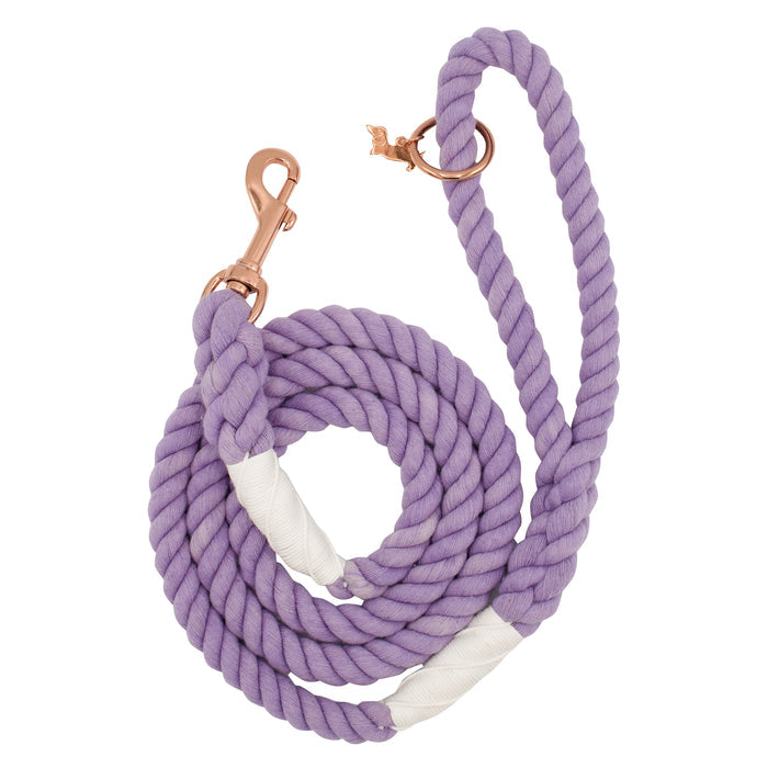 The Sassy Woof Dog Rope Leash - Verona features coiled lavender cotton with white accents, finished with a rose gold metal clasp and ring, displayed on a white background.