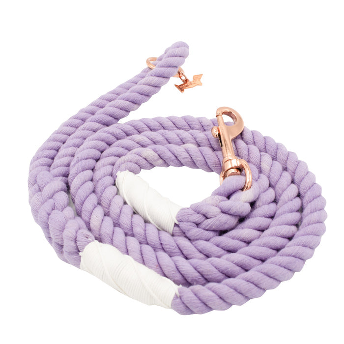 The Sassy Woof Dog Rope Leash - Verona features coiled lavender cotton with white wrapped accents and a rose gold clasp, shown on a white background.