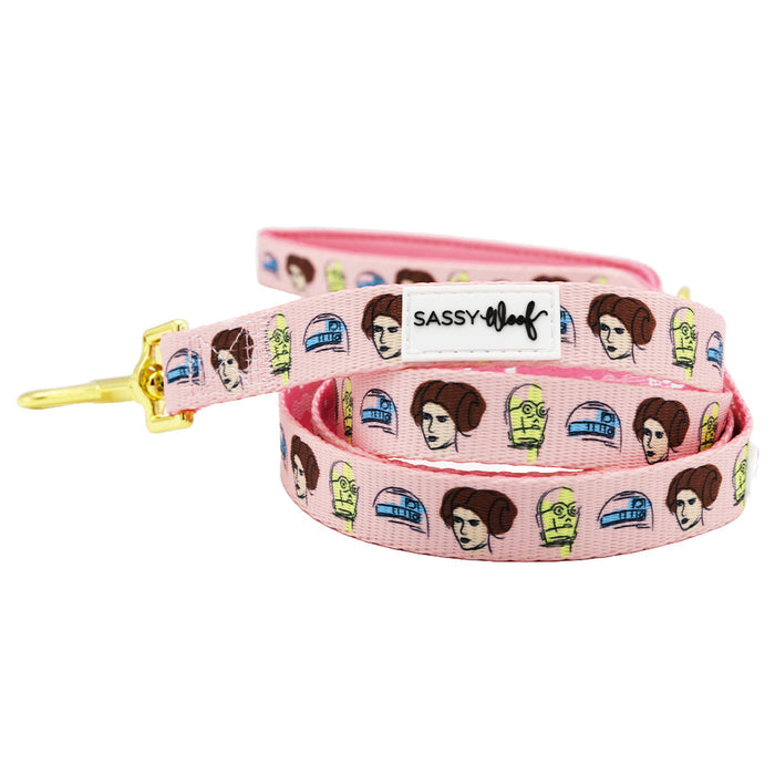 The Sassy Woof Dog Three Piece Bundle - STAR WARS™ Princess Leia features a pink leash with Princess Leia, C-3PO, and R2-D2 cartoon patterns, a gold clasp, and a white Sassy Woof label. Part of the Princess Leia collection.