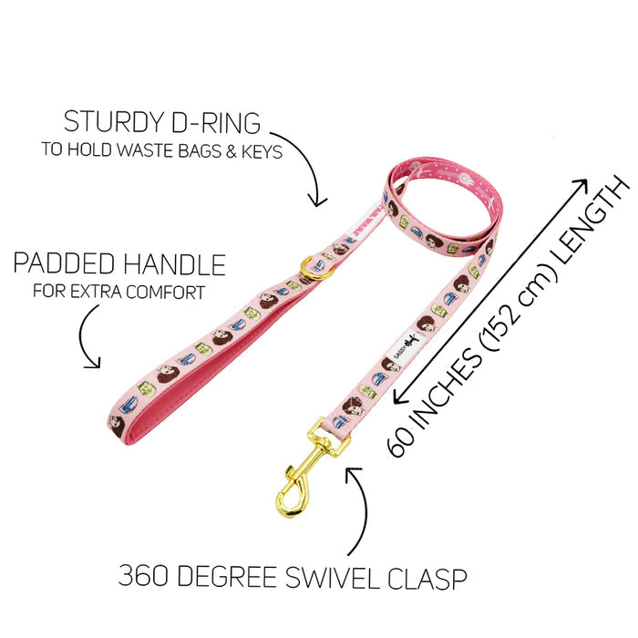 The Sassy Woof Dog Three Piece Bundle - STAR WARS™ Princess Leia features a pink leash with cartoon faces, sturdy D-ring, padded handle, 360° swivel clasp, and 60-inch length. Annotations highlight each feature.