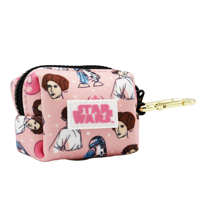 A pink bag from Sassy Woof’s Dog Three Piece Bundle - STAR WARS™ Princess Leia, featuring a cartoon character inspired by Princess Leia.