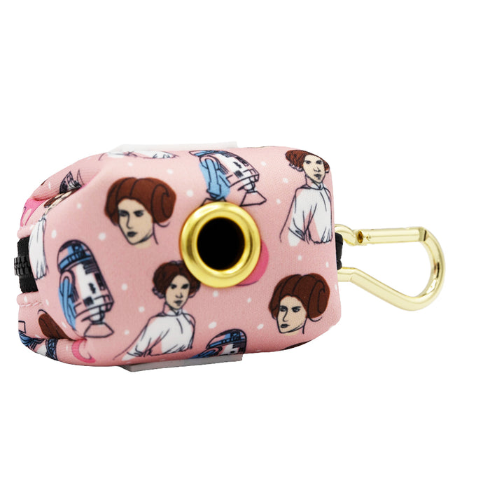 The Sassy Woof Dog Three Piece Bundle - STAR WARS™ Princess Leia features a pink bag dispenser with Princess Leia and R2-D2 designs, gold carabiner, and an easy-dispense hole—ideal for pairing with your favorite Star Wars dog collar.