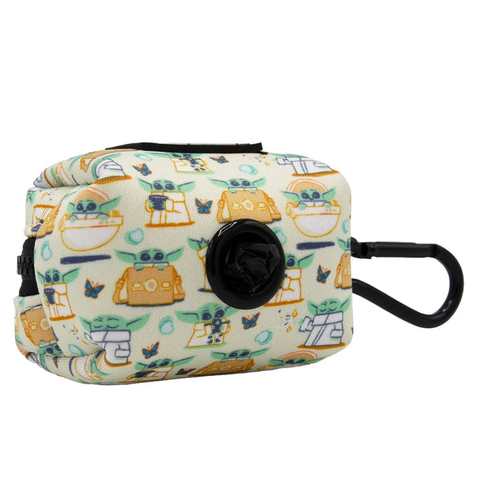 The Sassy Woof Dog Waste Bag Holder - STAR WARS™ The Child™ features a yellow-green cartoon pattern with Baby Alien and robots, a black dispenser opening, and clip—perfect for adding fun Star Wars style to your dog leash.