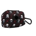 The Sassy Woof Dog Waste Bag Holder - STAR WARS™ The Dark Side features a small black neoprene design with white helmeted figures, red accents, a circular opening, and clip—ideal to match your favorite dog accessories or harness.