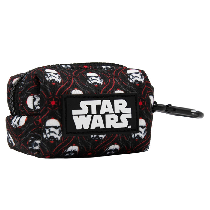 The Sassy Woof Dog Waste Bag Holder - STAR WARS™ The Dark Side features a black zipper, clip, and white logo with stormtrooper helmets on a dark background—perfect for carrying dog accessories in style.