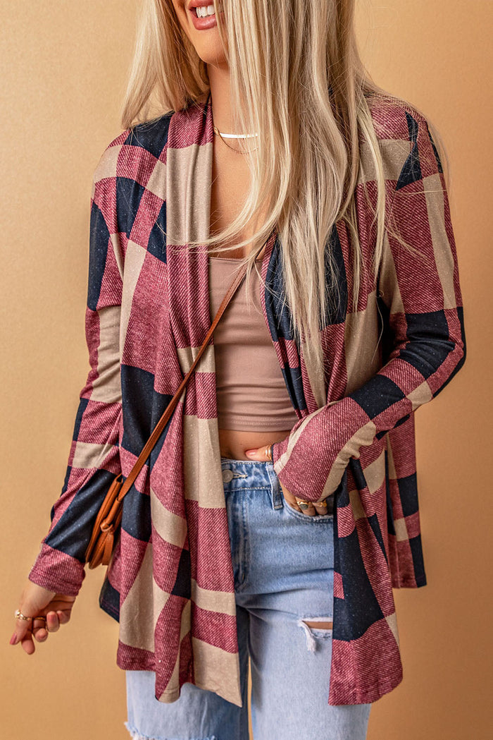 Draped Open Front Plaid Cardigan - RED / S / 95% POLYESTER + 5% ELASTANE - Sweaters & Cardigans/Cardigans