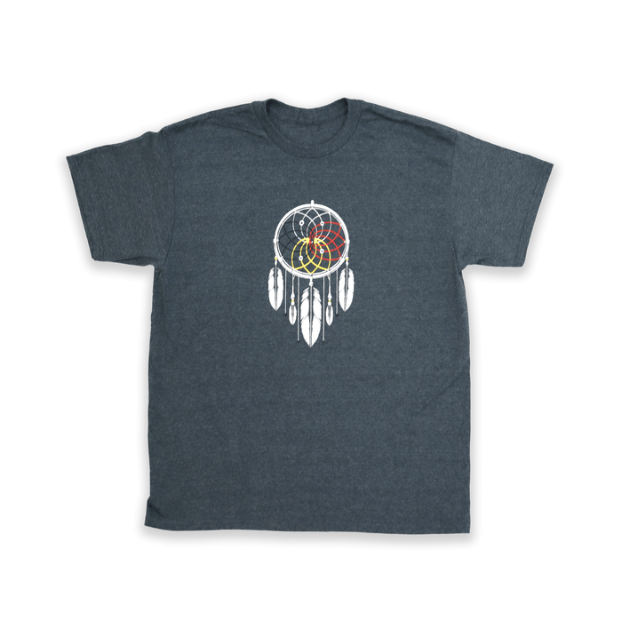 Grey Dreamcatcher Medicine Wheel Tee with Indigenous dreamcatcher and medicine wheel design front view