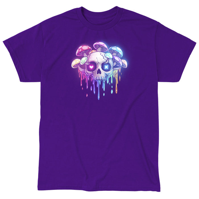 Classic Cotton T-shirt_TeeTurtle purple Drippy Rainbow Skull apparel featuring a skull with mushrooms growing out of it.