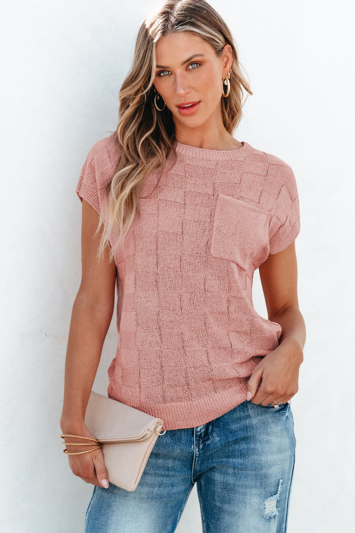 Dusty Pink Lattice Textured Knit Short Sleeve Sweater - DUSTY PINK / S / 75% ACRYLIC + 25% POLYAMIDE - Sweaters &