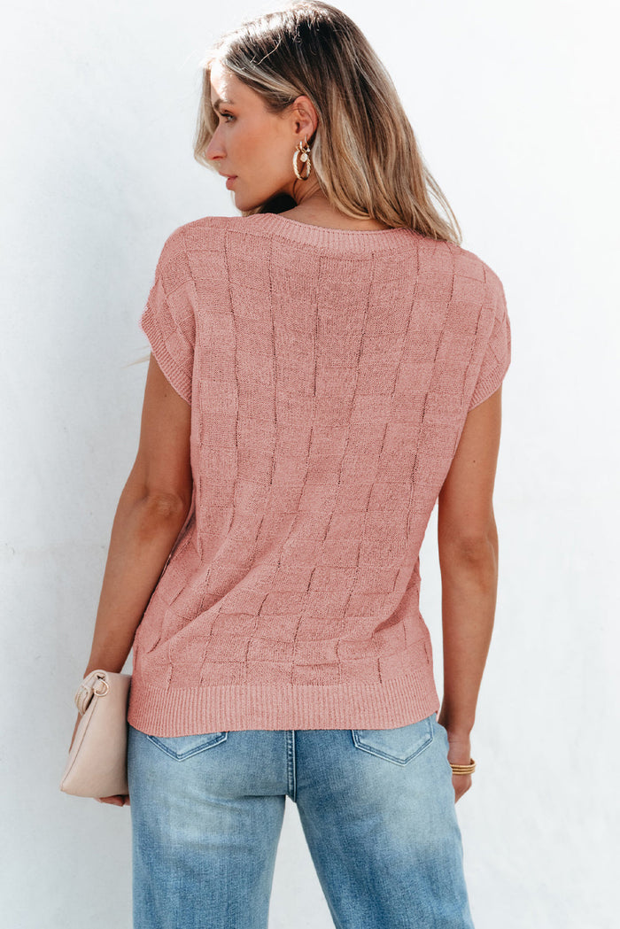 Dusty Pink Lattice Textured Knit Short Sleeve Sweater - Sweaters & Cardigans/Short