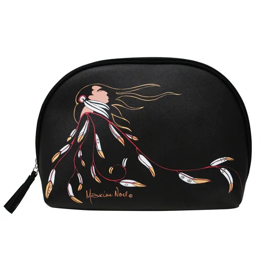Black cosmetic bag with artistic design of a woman with flowing hair on a white background