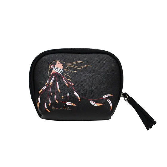 Black pouch with artistic design on a white background