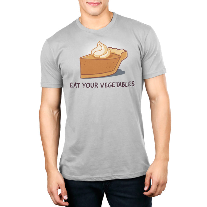 Premium Cotton T-shirt_TeeTurtle silver gray Eat Your Vegetables apparel featuring a slice of pumpkin pie with whipped cream on top, and the caption, “Eat Your Vegetables“.