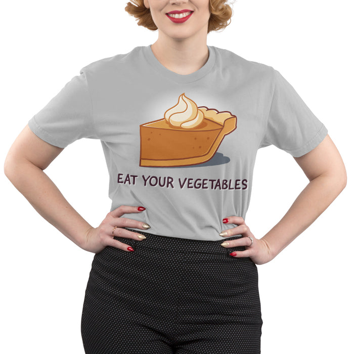 Premium Cotton T-shirt_TeeTurtle silver gray Eat Your Vegetables apparel featuring a slice of pumpkin pie with whipped cream on top, and the caption, “Eat Your Vegetables“.