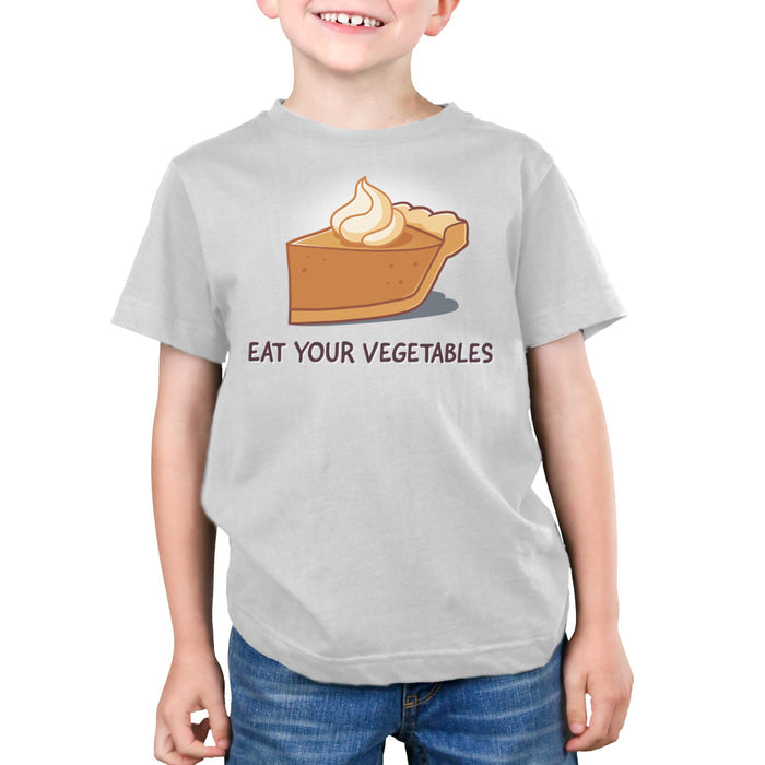 Premium Cotton T-shirt_TeeTurtle silver gray Eat Your Vegetables apparel featuring a slice of pumpkin pie with whipped cream on top, and the caption, “Eat Your Vegetables“.