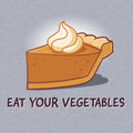 Classic Cotton T-shirt_TeeTurtle heather gray Eat Your Vegetables apparel featuring a slice of pumpkin pie with whipped cream on top, and the caption, “Eat Your Vegetables“.