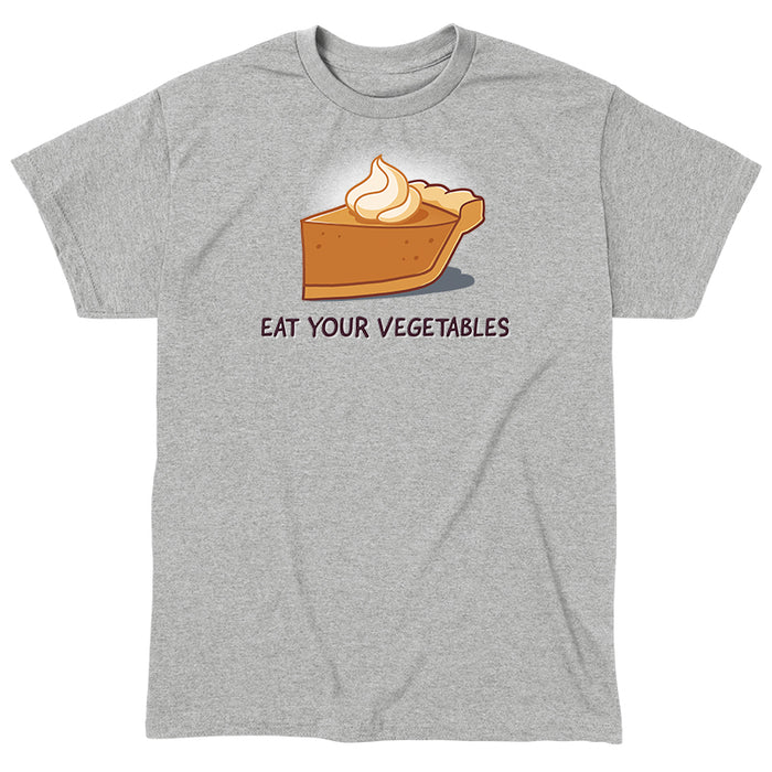 Classic Cotton T-shirt_TeeTurtle heather gray Eat Your Vegetables apparel featuring a slice of pumpkin pie with whipped cream on top, and the caption, “Eat Your Vegetables“.